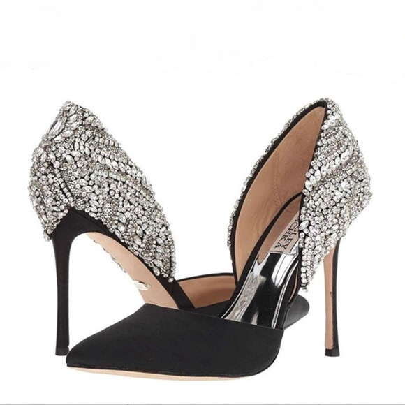 Badgley Mischka Volare Black Satin Crystal Embellished Stiletto Heels US5.5 - Picture 1 of 13